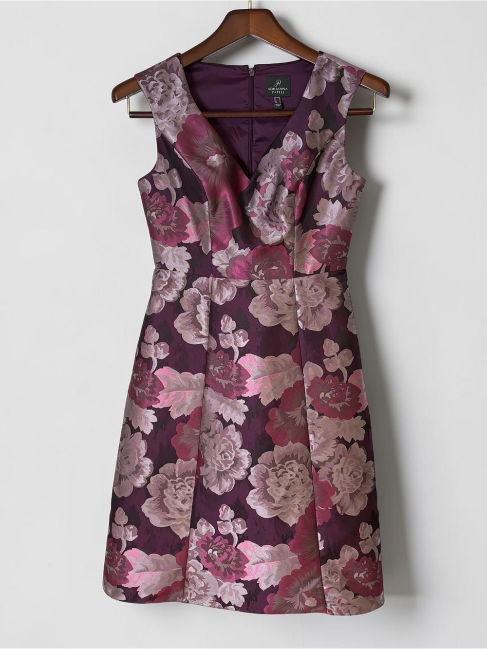 Adrianna Papell Metallic Floral Jacquard A-Line Cockail Dress Purple Pink 4 - Picture 4 of 11